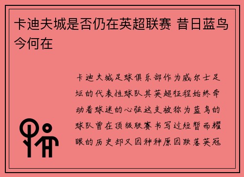 卡迪夫城是否仍在英超联赛 昔日蓝鸟今何在